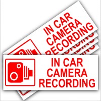 5 x Small In Car Camera Recording Stickers-87mm x 30mm Red On White-CCTV Sign-Van,Lorry,Truck,Taxi,Bus,Mini Cab,Minicab